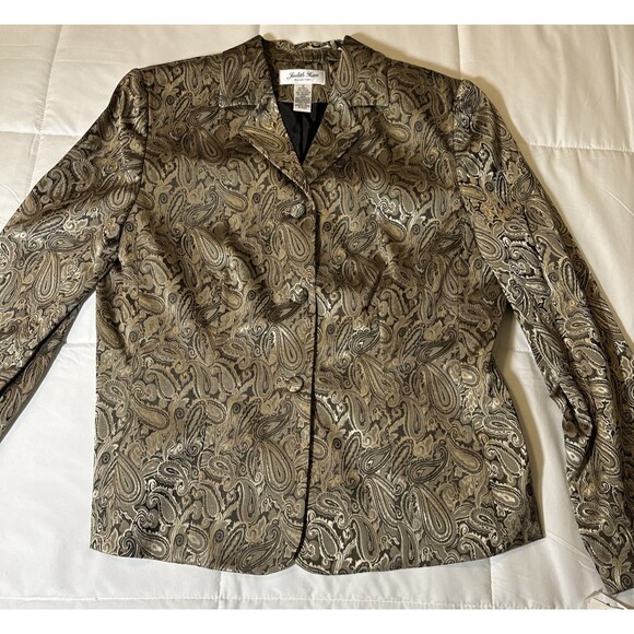 Judith Hart Womens Gold Metallic Paisley Print Lined Blazer Jacket Size 12 - Picture 6 of 12
